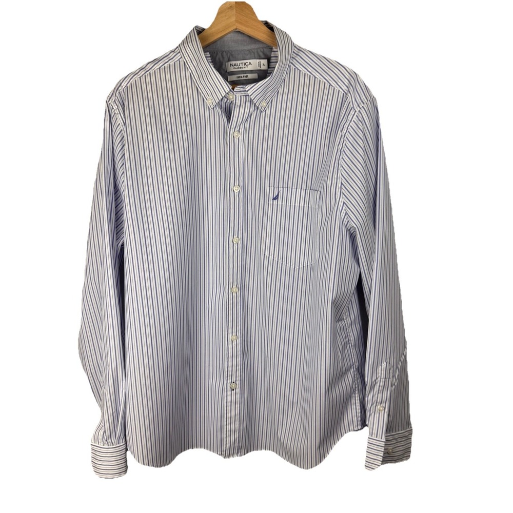 Nautica Shirt Men's Sz XL Blue White Striped Button Up Long Sleeve Non-Iron